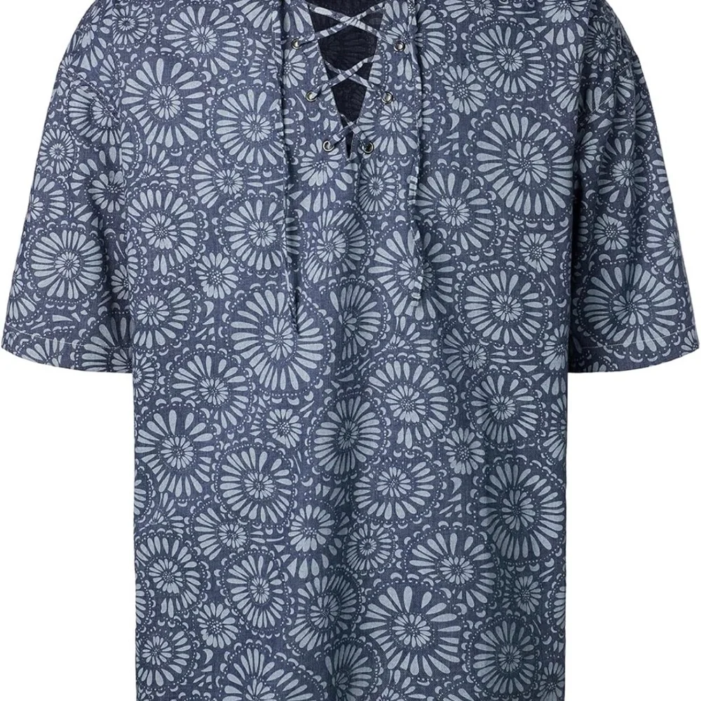 NWT LucMatton men’s summer vintage shirt lace up loose fit short sleeve